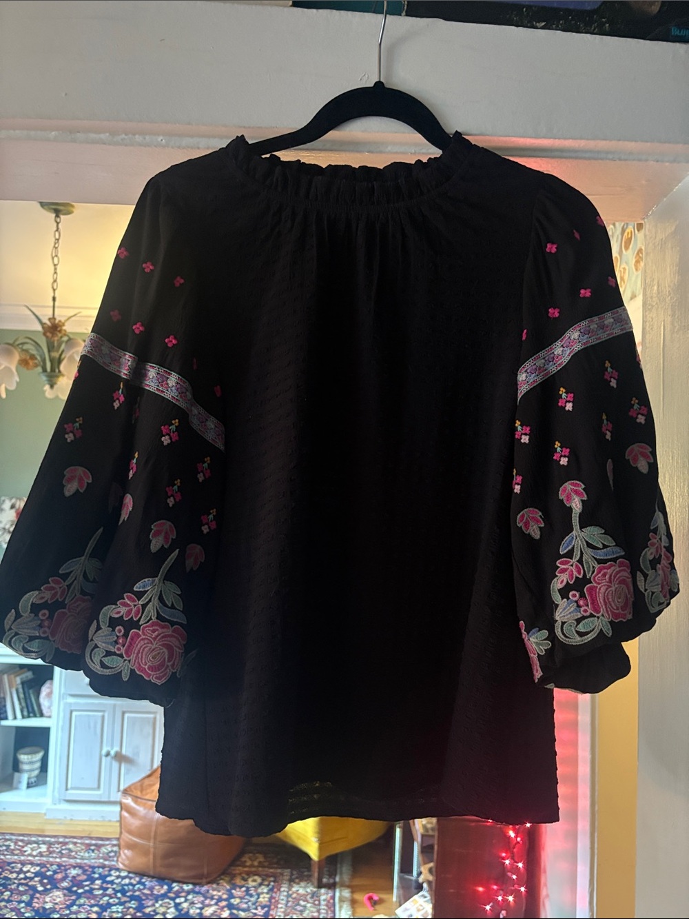 THML Black Boho Embroidered Puff-Sleeve Top with Pink Floral Detail